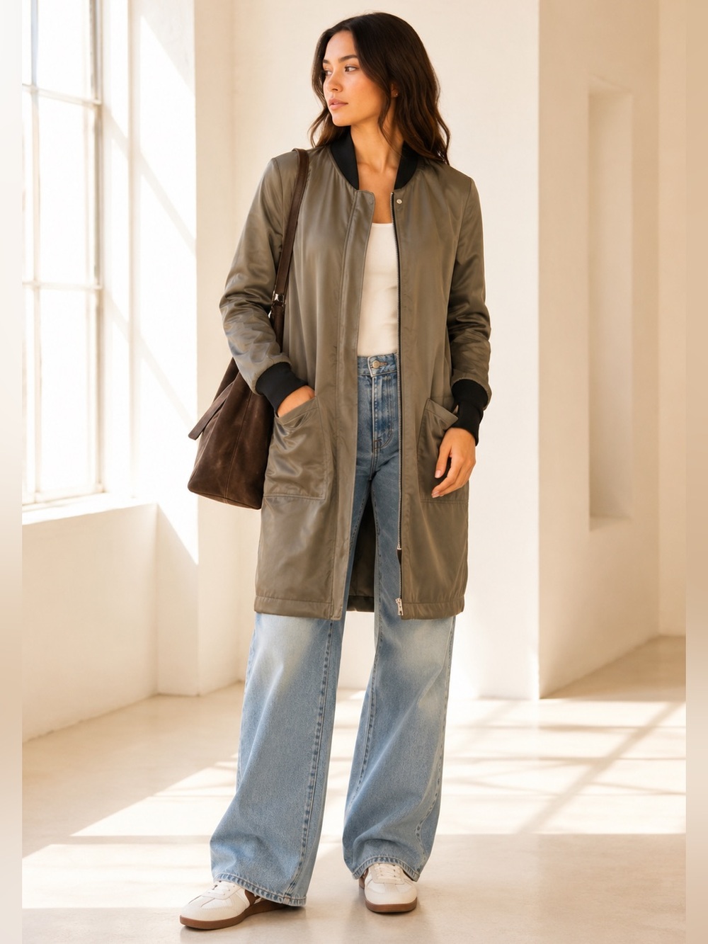 Soia & Kyo BIA Long Satin Bomber Coat Utility Pockets Modal Olive Green XS